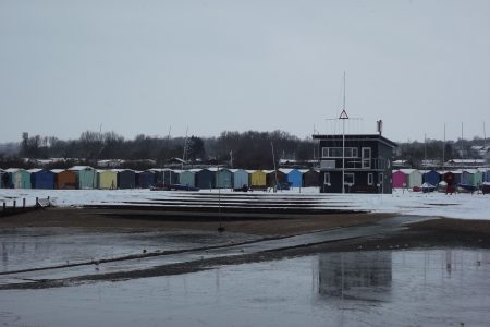 Beach Huts In Snow During Winter